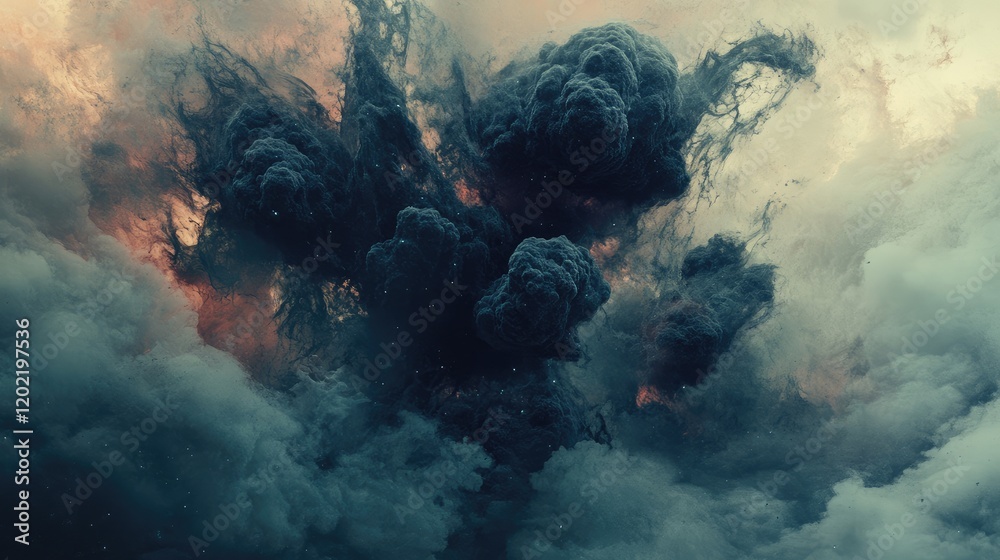 Poster dramatic explosion in dark clouds with fiery highlights and swirling smoke patterns copy space