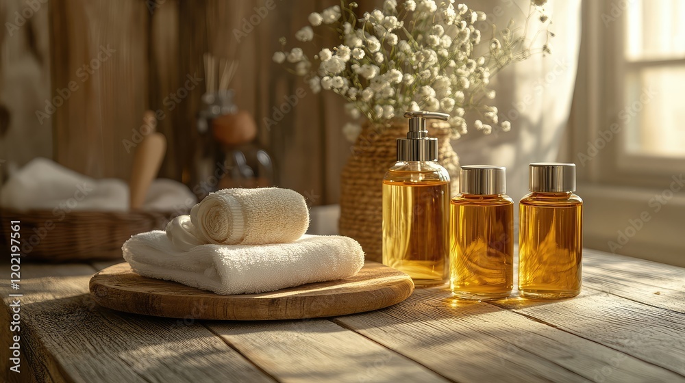 Poster spa setting with essential oils and towels on wooden table with natural light and calming ambiance c