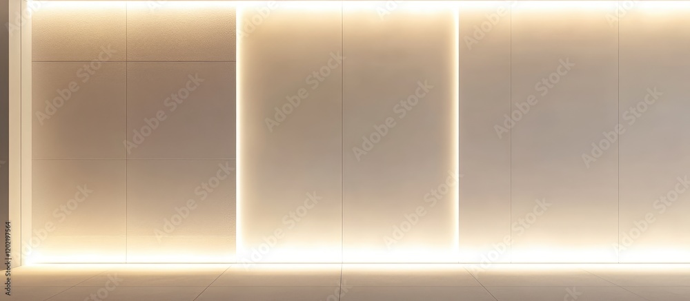 Fototapete Minimalist room interior with illuminated wall panels and empty Copy Space for text placement. Soft lighting creating a modern ambiance.