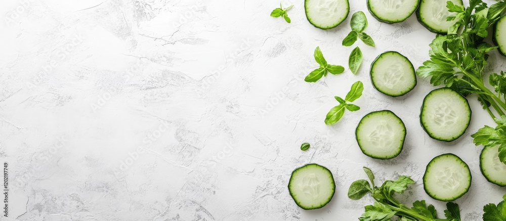 Poster fresh cucumber slices and green herbs on a textured white background with copy space for text