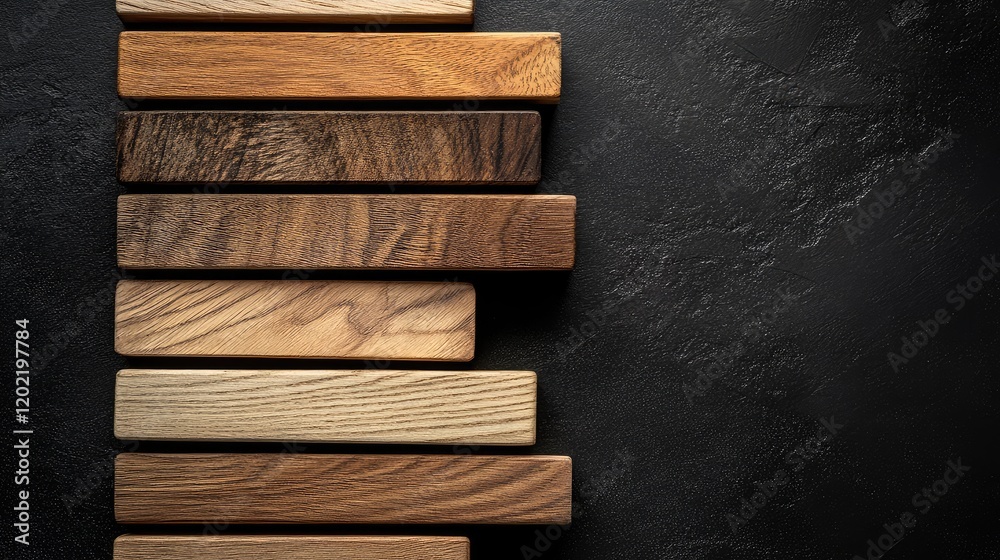 Poster Wooden planks arranged in a diagonal pattern on a dark textured background with Copy Space for text placement