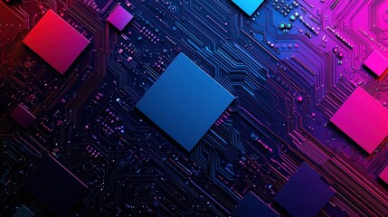 A vibrant, abstract close-up of a circuit board with colorful squares, highlighting technology and modern design elements.