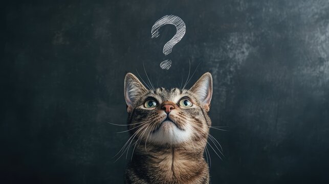 Cat looking up with a question mark illustration above its head against a dark background with Copy Space for text placement