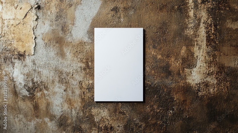 Poster blank white poster on textured weathered brown wall with copy space for text or graphics.