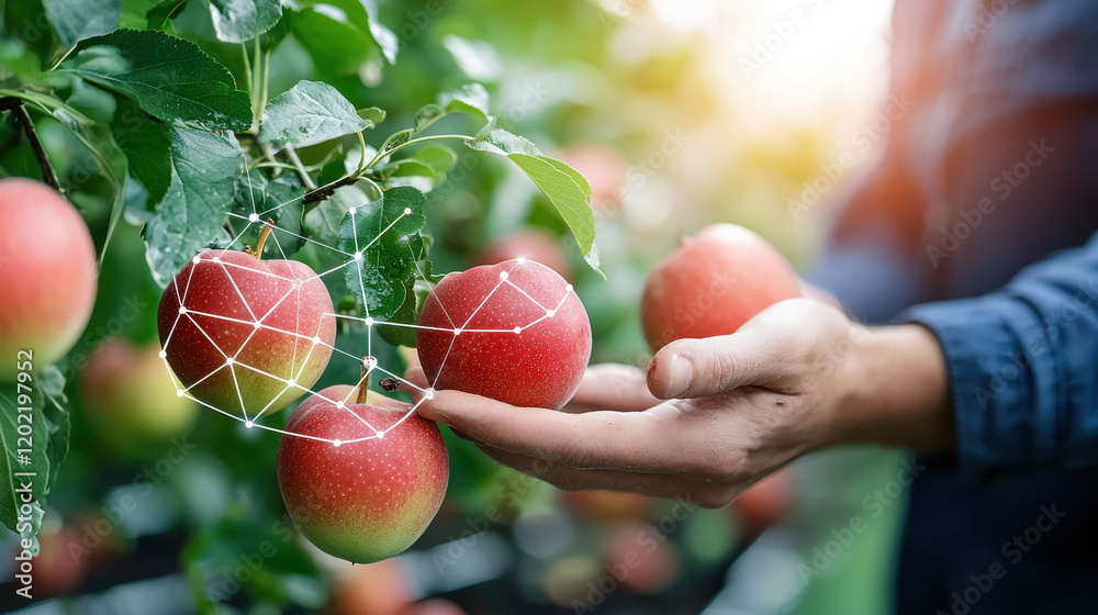 Aufkleber smart fruit orchard with iot sensors, showcasing ripe apples and technology. image captures blend of