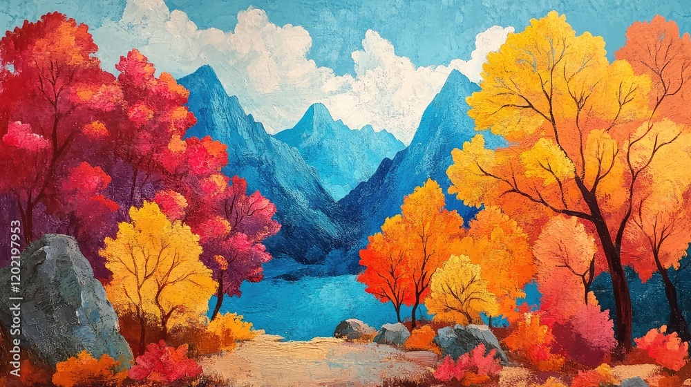 Aufkleber autumn landscape with colorful trees by a lake surrounded by mountains under a bright blue sky with 
