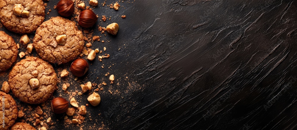 Poster chocolate cookies with nuts on dark stone surface with copy space for text or advertising