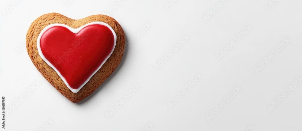 Poster heart-shaped gingerbread cookie with red icing on white background and copy space for text.