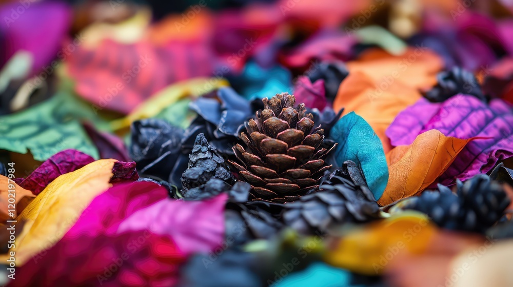 Poster colorful autumn leaves with a pine cone centered on a blurred background. copy space available for t