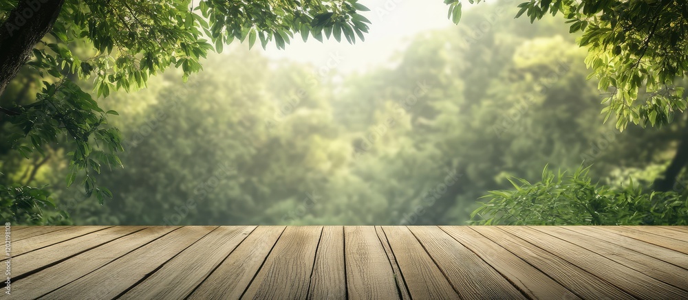 Poster wooden tabletop with lush green forest background and copy space for text