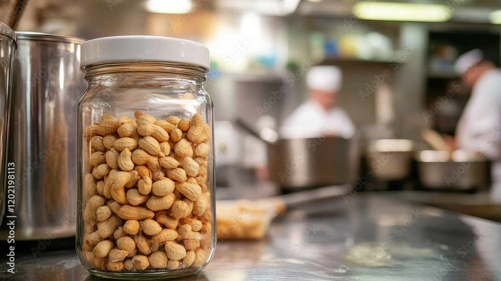 Poster Glass jar filled with peanuts placed on a kitchen counter with chefs cooking in the blurred background Copy Space