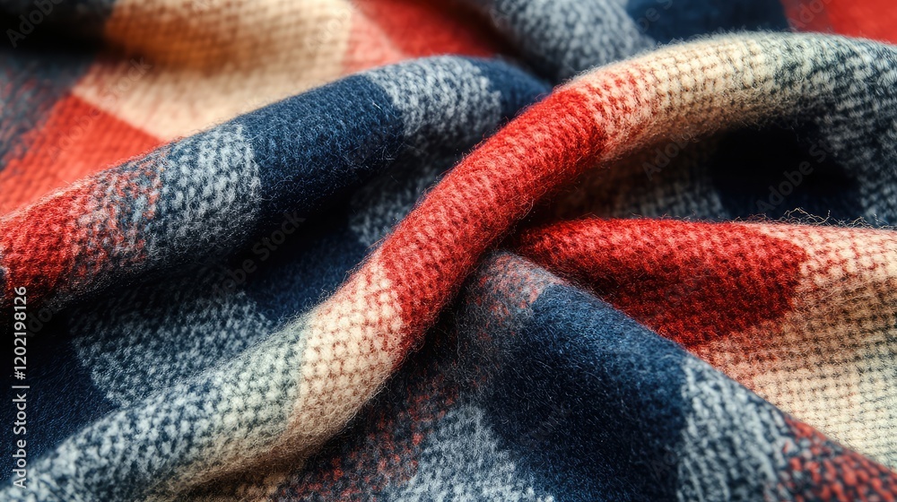 Poster textured close-up of a plaid fabric with red, blue, and cream squares, showcasing intricate fibers a