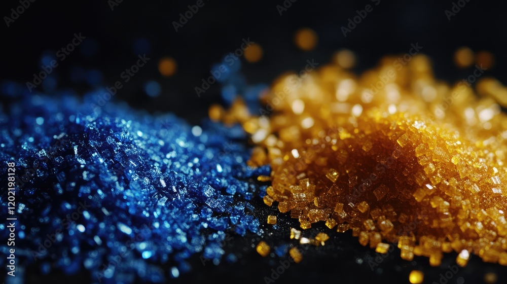 Poster Colored sugar crystals in blue and orange on a dark background with Copy Space for text placement.
