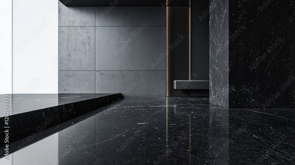 Poster modern minimalist interior with dark marble flooring and textured walls, featuring clean lines and c