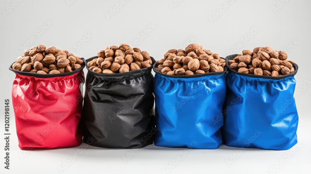 Poster collection of four bags in red, black, and blue filled with walnuts on a light background with copy 