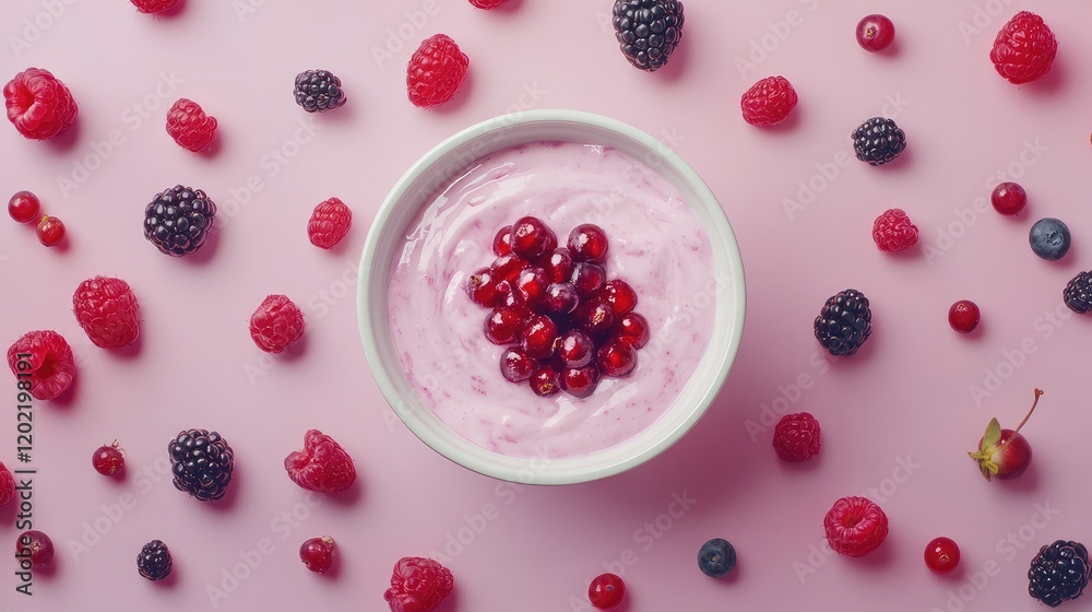 Aufkleber fruit yogurt bowl surrounded by assorted berries on a pink background with copy space for food-relat