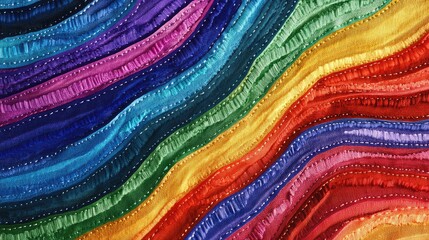Obraz premium Colorful fabric texture with wavy patterns and stitched details showcasing vibrant shades and Copy Space for text placement.