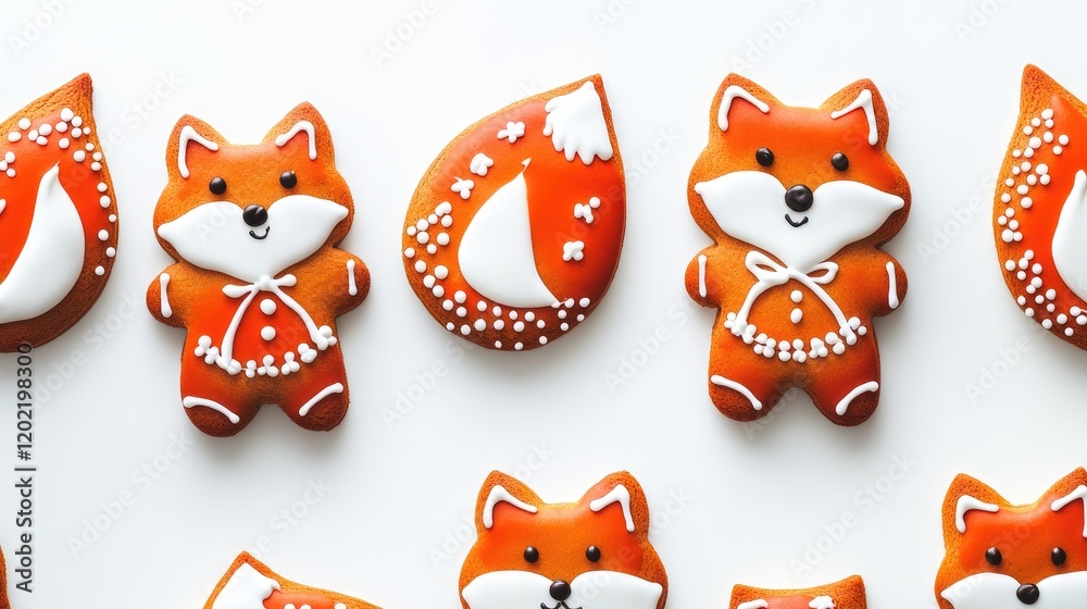 Poster Fox-shaped gingerbread cookies with decorative icing arranged on a white background with Copy Space for text placement.