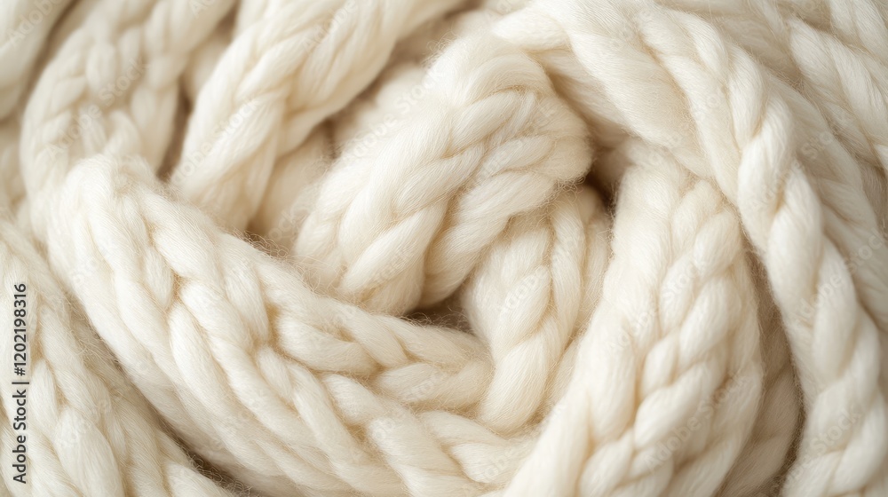 Aufkleber close-up of thick cream-colored yarn in a braided texture with soft fibers and copy space for text.