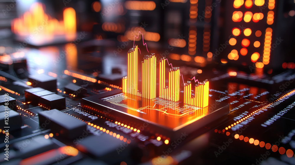 Fototapete Advanced technology visualizing market predictions with glowing graphs and circuits. This captures essence of data analysis and innovation in finance