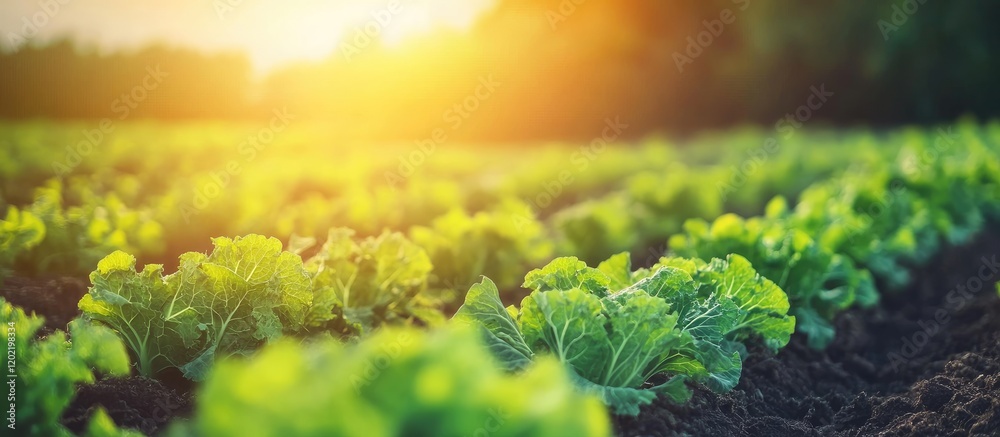 Poster lush green lettuce field at sunset with soft sunlight illuminating rows of crops and copy space for 
