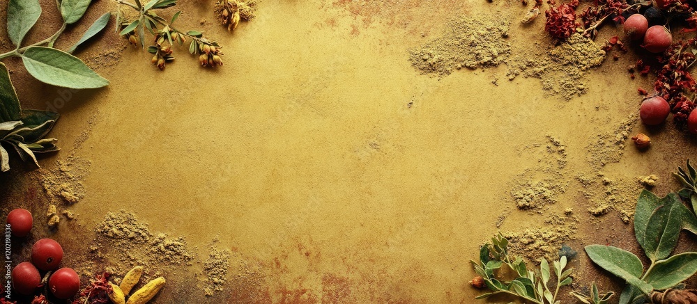 Poster herbs and spices arrangement on rustic wooden surface with copy space for text or recipe details
