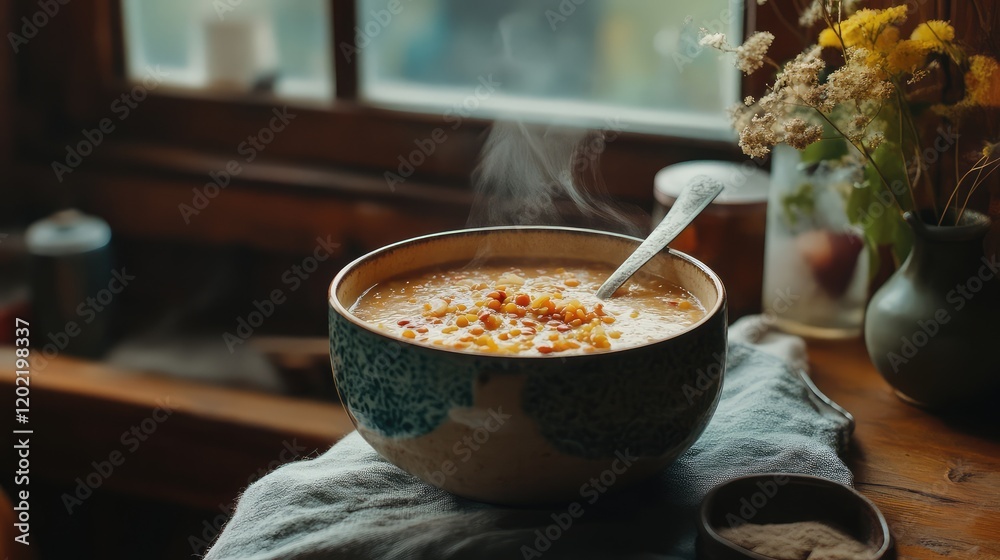 Poster Bowl of steaming soup or porridge with colorful toppings on a wooden table with a cozy background and copy space available