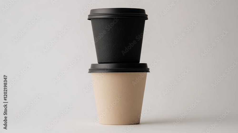 Poster stacked paper coffee cups with black and kraft finishes on a neutral background with copy space.