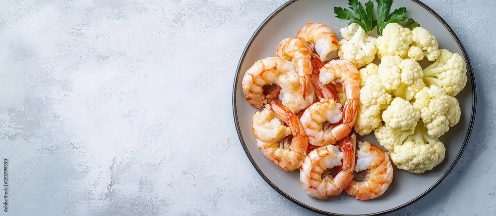 Poster cooked shrimp served with cauliflower on a grey plate with a green leafy garnish and copy space for 