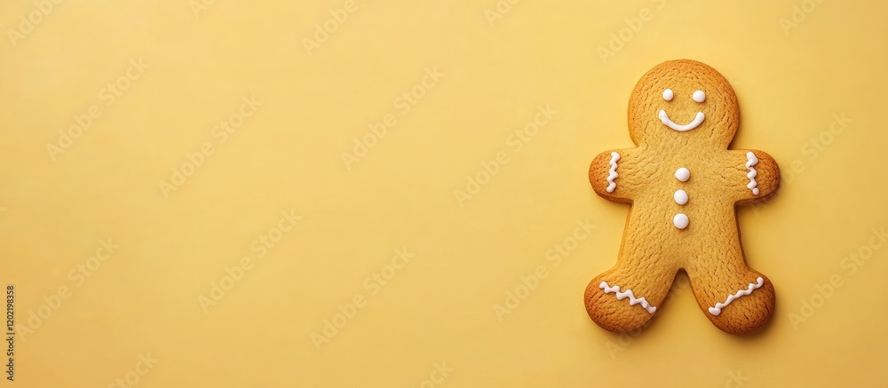 Aufkleber gingerbread man cookie with icing decoration on yellow background with copy space for text