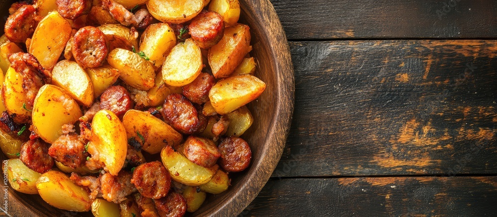 Poster plate of roasted potatoes and sausage on wooden table with copy space for text