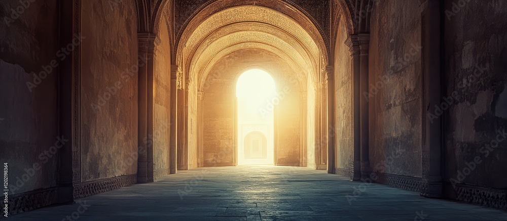 Leinwandbilder sunlit archway in historic building with warm light illuminating empty hallway and copy space