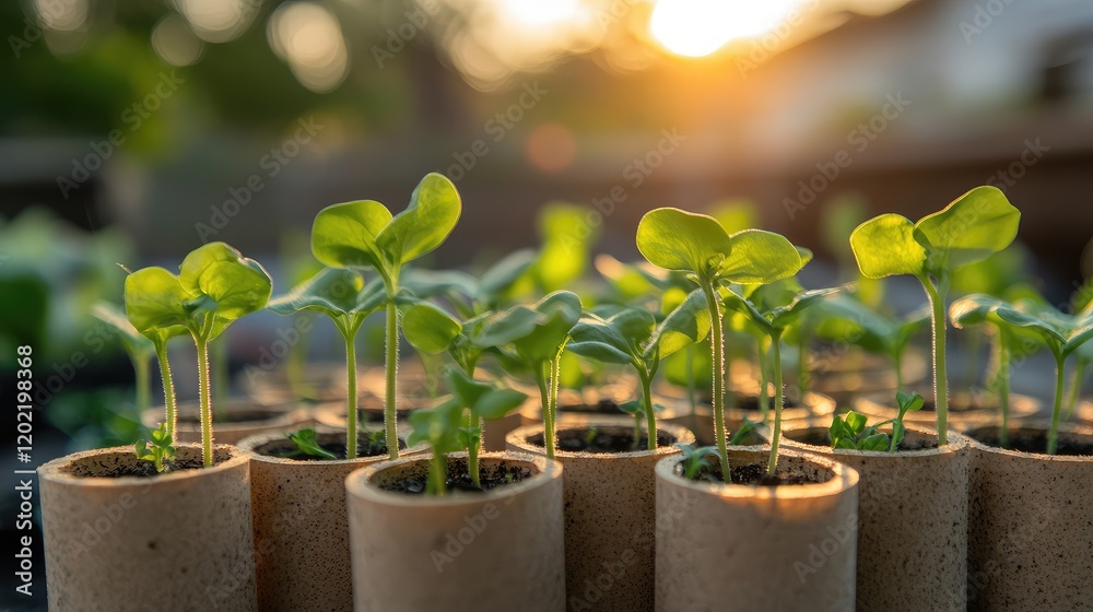 Poster seedlings in biodegradable pots with soft sunlight backdrop, gardening concept, copy space.