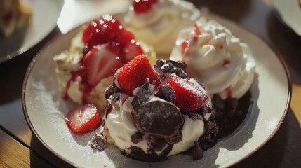 Delicious assorted desserts with whipped cream and fresh strawberries on a plate with natural lighting Copy Space