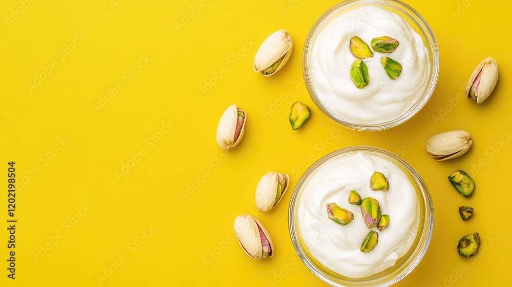 Poster two glass bowls of yogurt topped with pistachios on a vibrant yellow background with scattered pista