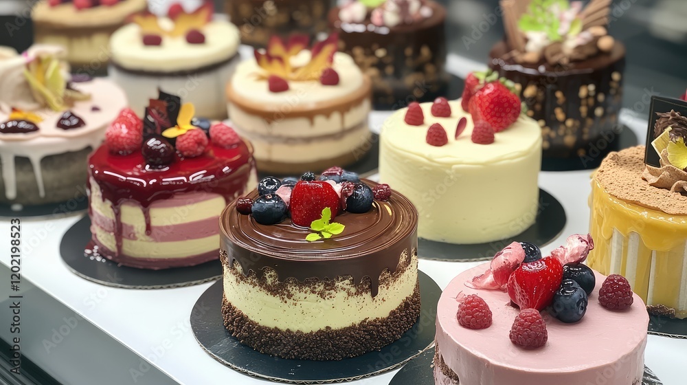 Poster Assorted gourmet cakes displayed in a bakery with various toppings and flavors on a countertop Copy Space