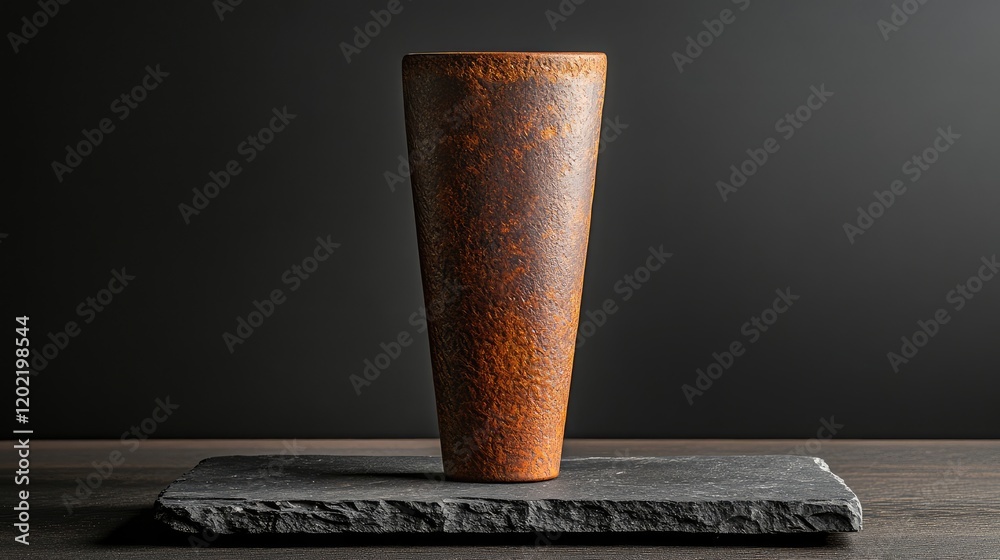 Aufkleber rustic ceramic vase on a dark slate base with dramatic lighting and copy space for text creation.