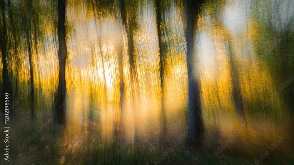 Poster Blurred forest landscape with golden sunlight filtering through trees creating an abstract effect and ample copy space.