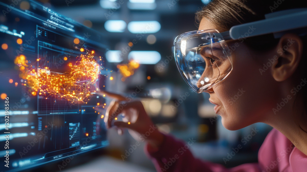 Poster Advanced wearable biotech devices enhance user interaction with digital interfaces, showcasing innovation and technology in modern workspace