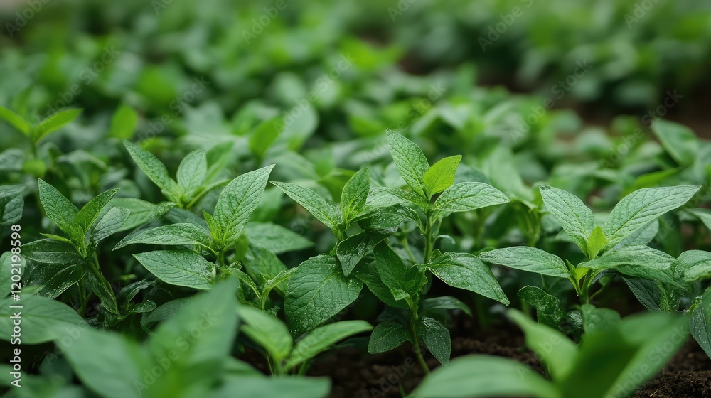 Poster Fresh green mint plants growing in rows on a farm with blurred background and Copy Space for text placement