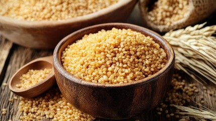 Millet grains in a wooden bowl with a scoop, surrounded by more grains and woven storage, Copy Space available