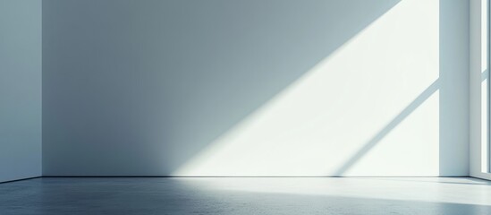 Empty modern interior room with white walls and sunlight casting shadows, ideal for showcasing minimalism, with Copy Space.
