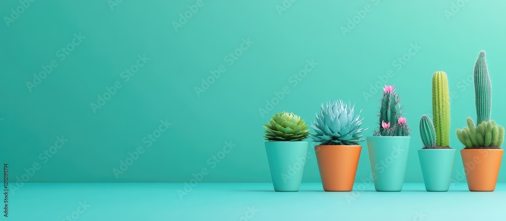 Poster colorful succulents and cacti in modern pots on bright turquoise background with copy space for text