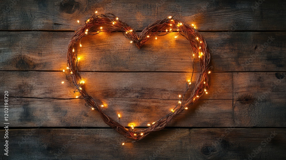 Aufkleber heart-shaped wreath made of twigs adorned with warm glowing fairy lights on rustic wooden background