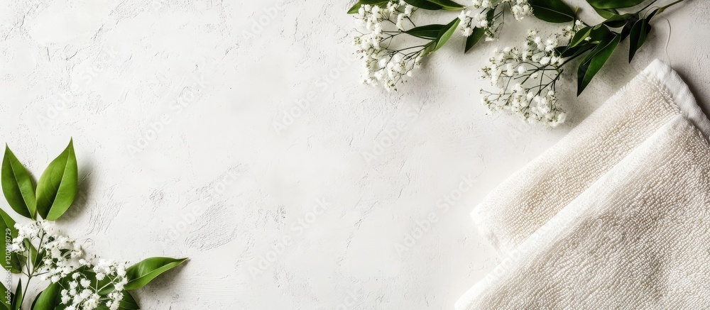 Poster white towels and fresh white flowers on a marble surface with copy space for text or design elements