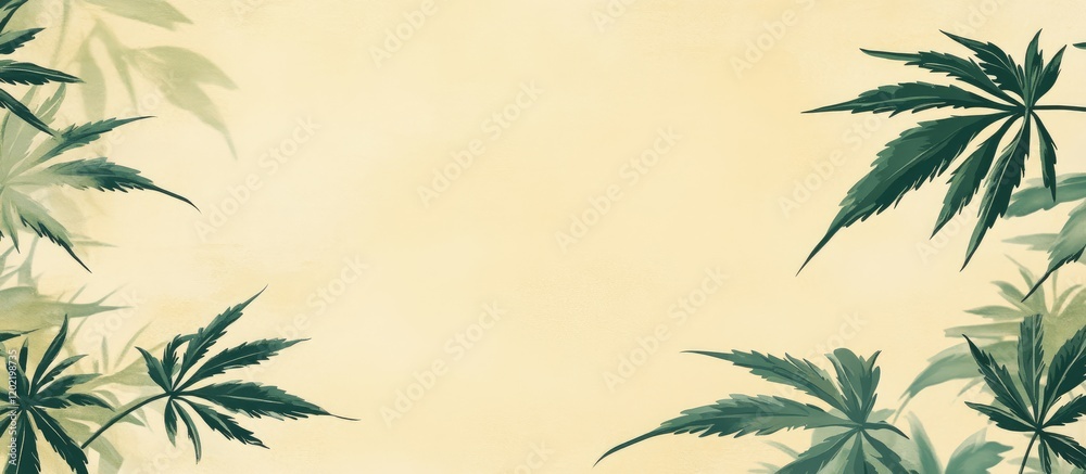 Poster green cannabis leaves border design on a light beige background with ample copy space for text inser