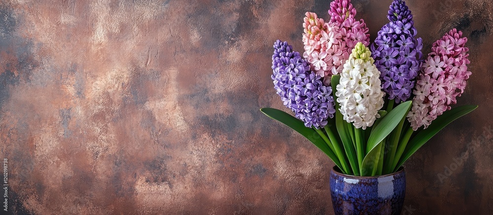 Poster colorful bouquet of hyacinth flowers in a blue vase against a textured brown background with copy sp