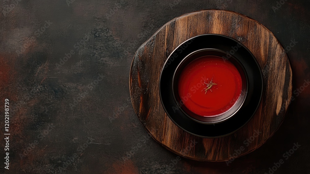 Poster red soup served in a black bowl on a wooden serving board with a rustic dark background copy space
