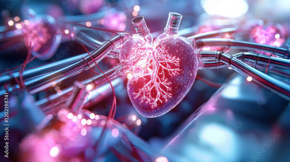 Poster vibrant artificial organ system featuring glowing heart connected to intricate tubes, symbolizing ad