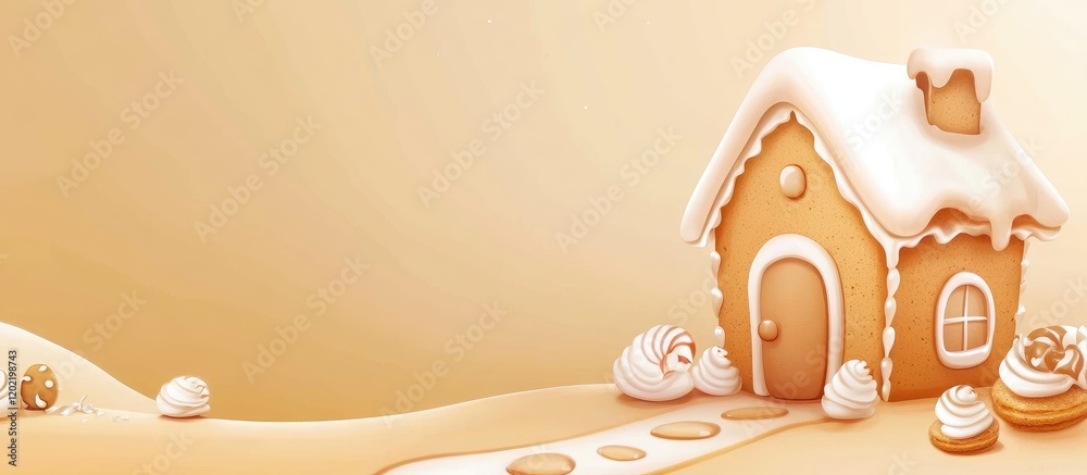 Aufkleber gingerbread house with snow and cookies on a beige background with copy space for text placement